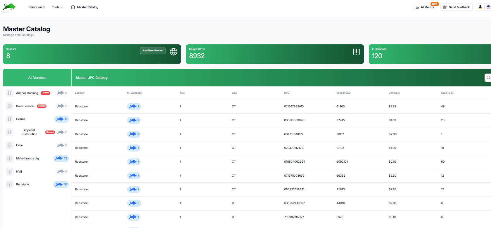 Apex Green Master Catalog merging multiple supplier price lists with unit cost and case pack data