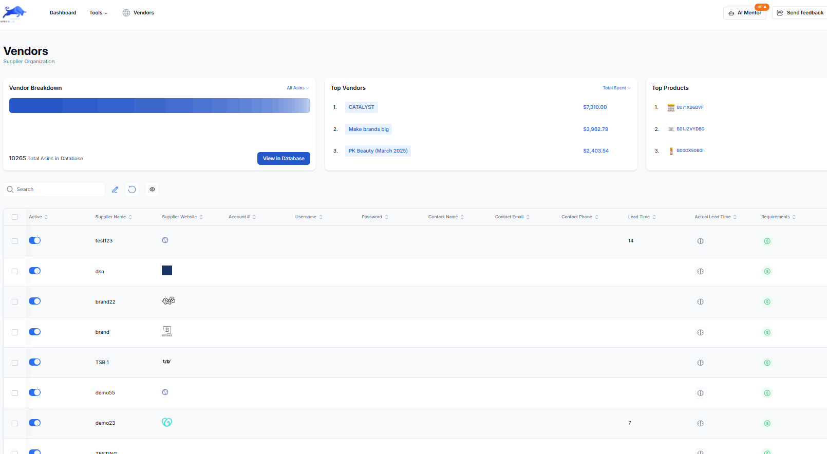 Apex Blue Vendors tool showing supplier organization