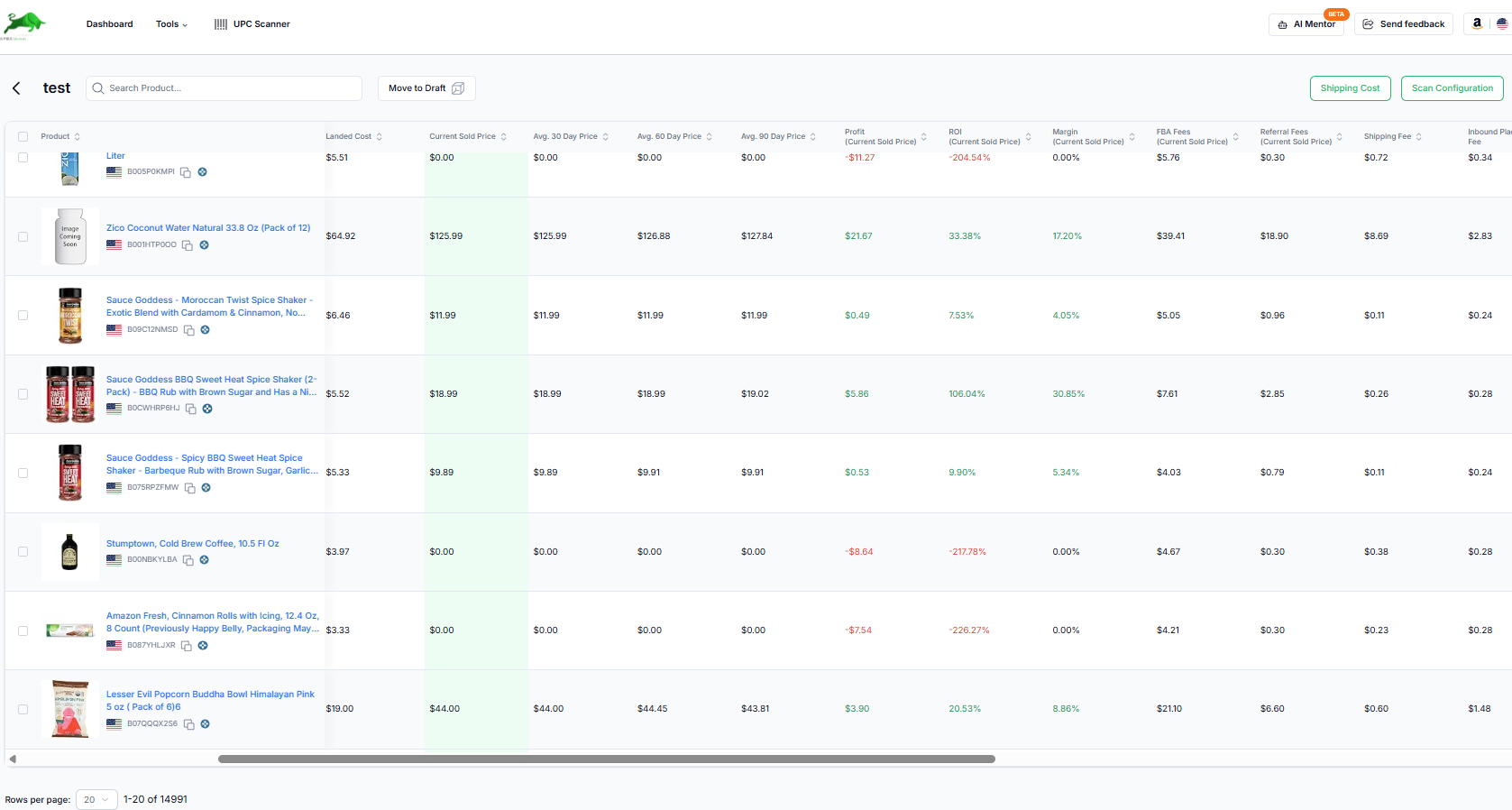 Apex Green UPC Scanner showing landed cost, ROI, and margin next to sales price history for each product