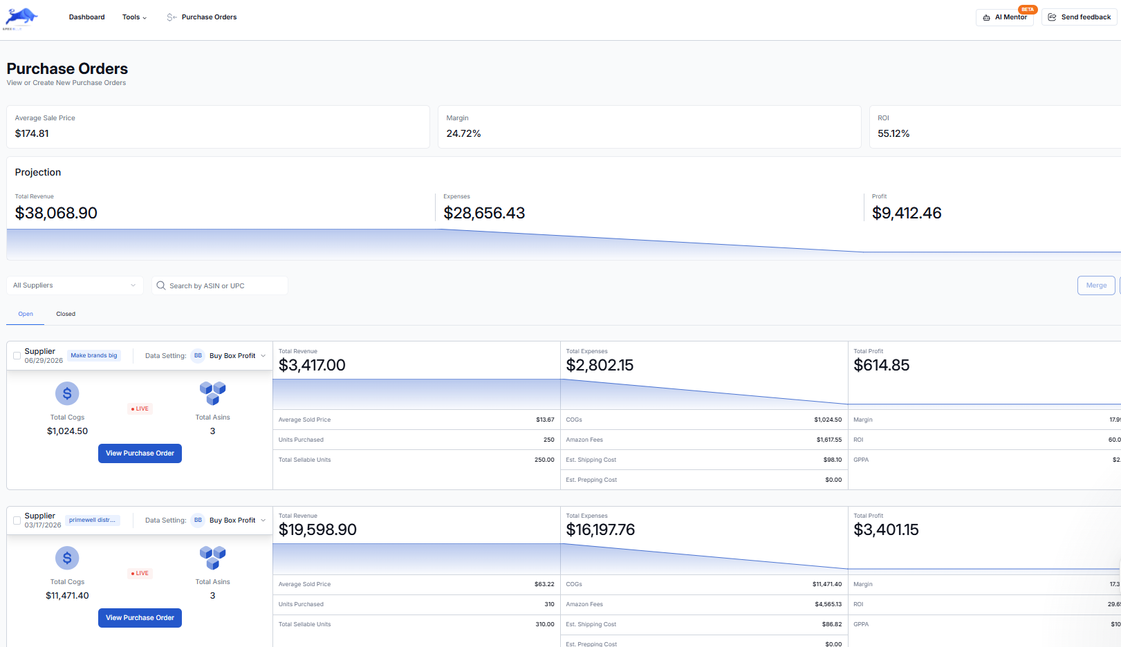 Apex Blue Purchase Orders dashboard calculating margin automatically