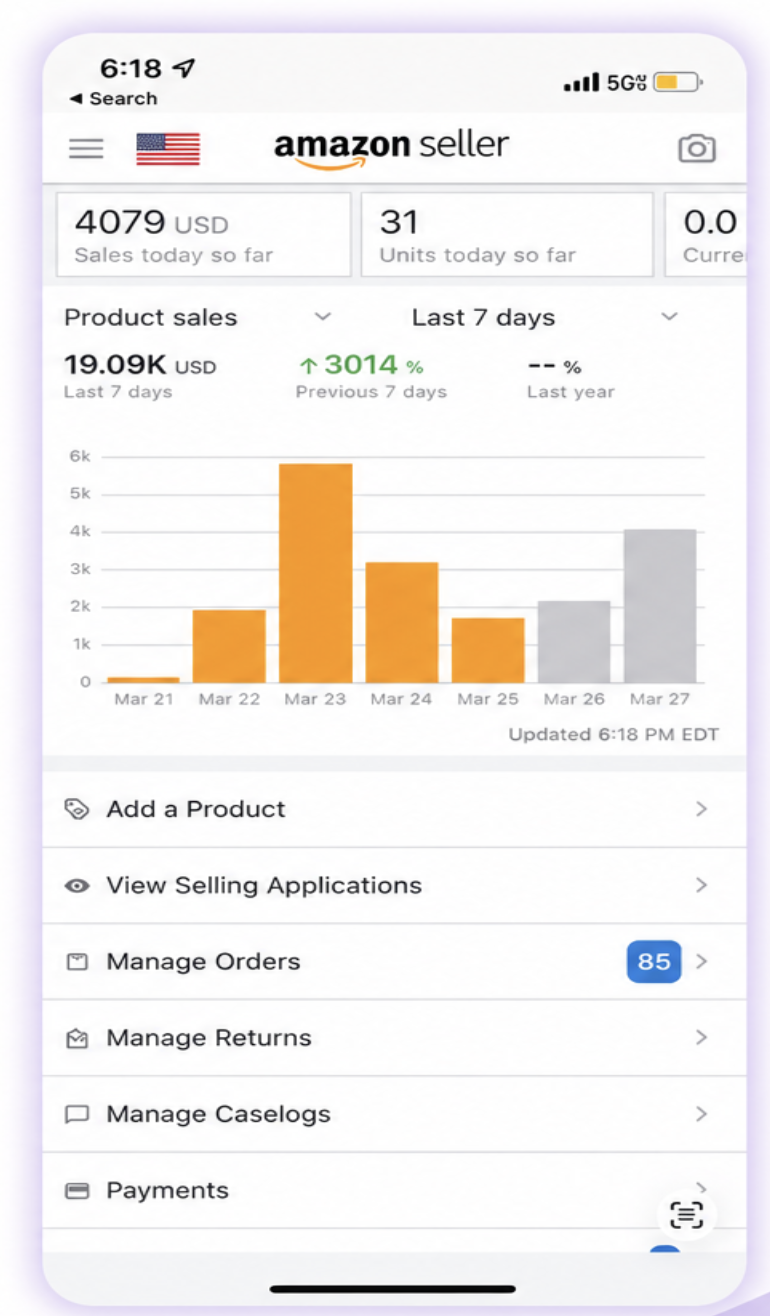 Amazon Seller app showing real-time sales, units sold, and 7-day growth
